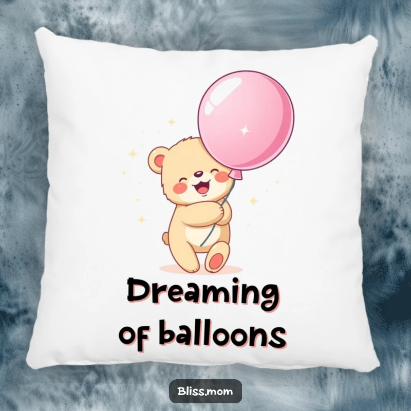 Funny pillow featuring a joyful bear cub hugging a large, sparkly balloon, offering cozy comfort and a touch of magic.