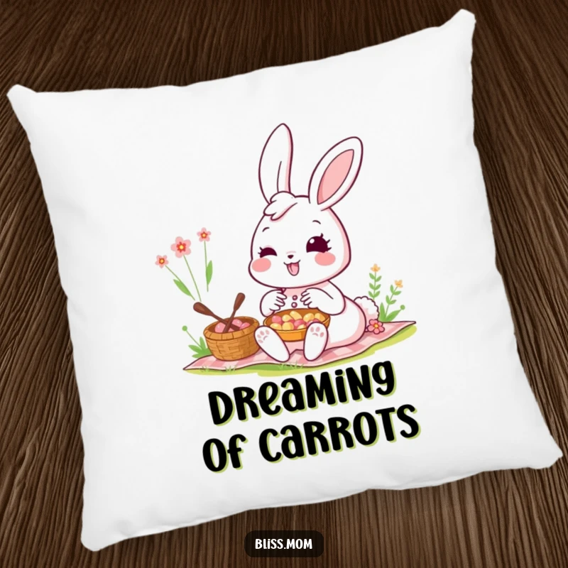 Funny Kawaii Bunny Mom Pillow: A smiling bunny mom enjoys a picnic. Soft, decorative, and humorously adorable.
