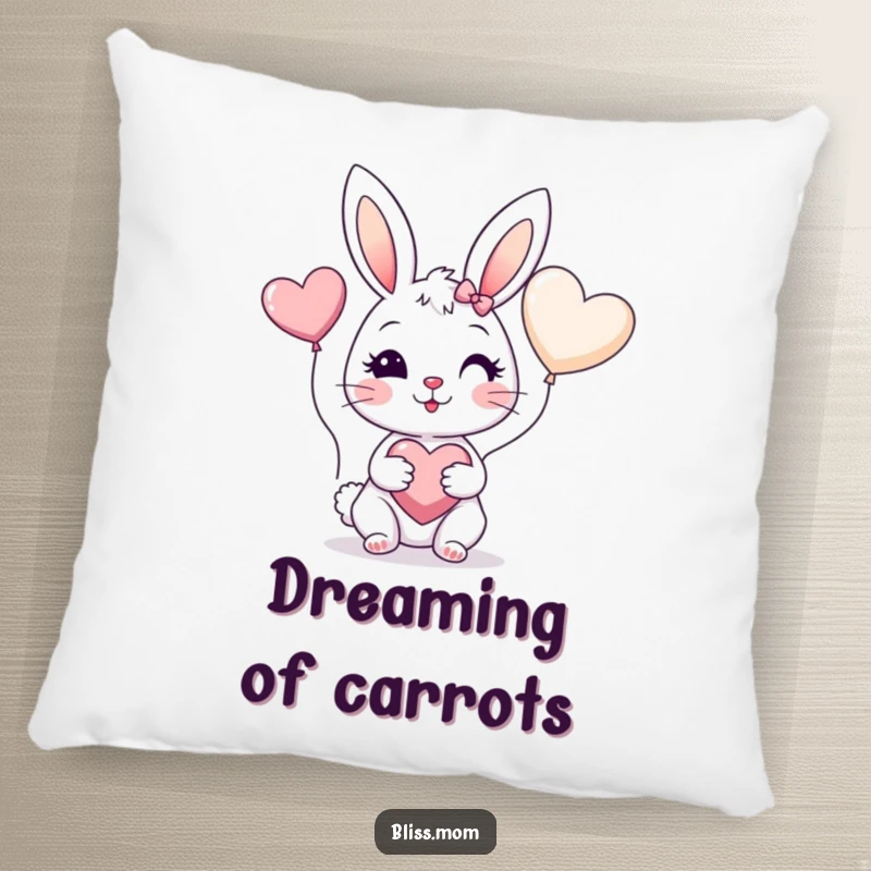 Funny pillow showing a cheerful bunny mom with rosy cheeks holding a heart balloon, representing love and joy.