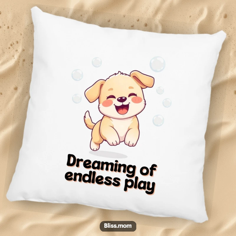 Funny pillow featuring a kawaii puppy joyfully chasing bubbles, perfect for adding comfort and adorable humor.