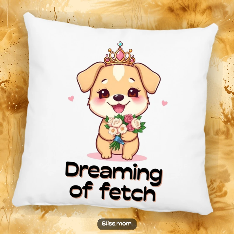 Funny pillow showing a joyous dog mom with a sparkly tiara and bouquet, representing dog mom pride.