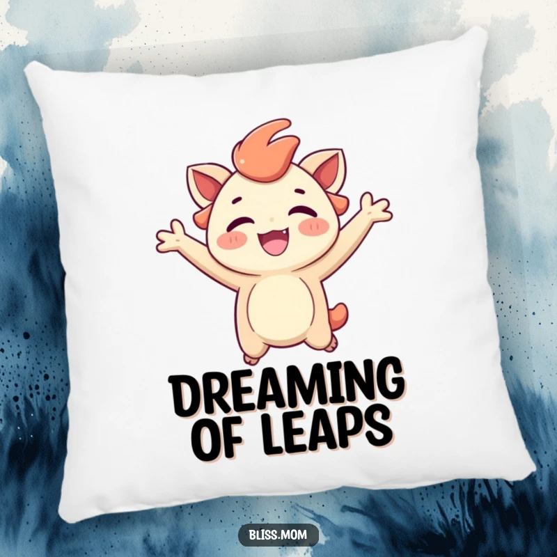 Funny pillow featuring a creature joyfully jumping with a radiant, carefree expression, perfect for adding comfort and cheer.