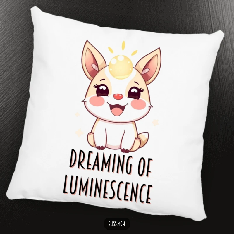 Funny pillow showcasing a joyful animal with its ears perked, playfully bouncing a radiant, shimmering orb of light.