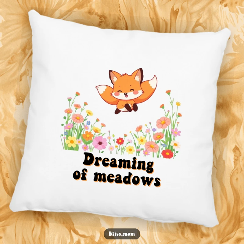 Funny pillow featuring a gleeful fox leaping through a field of wildflowers, adding a soft, joyful, and decorative touch.