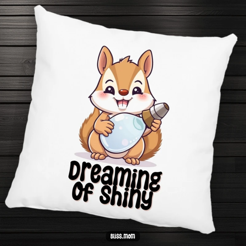 Funny squirrel mom beaming while holding a shiny recovered object, perfect for a humorous accent pillow.