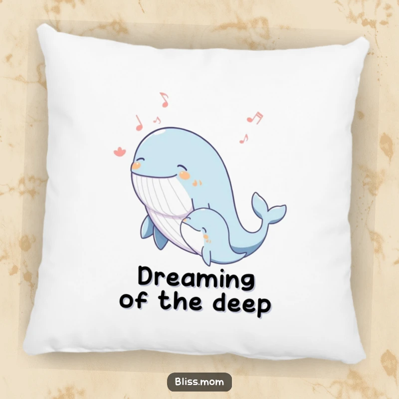 Funny whale mom pillow with a blissful mother whale singing a joyous melody with her calf, perfect for cozy accents.
