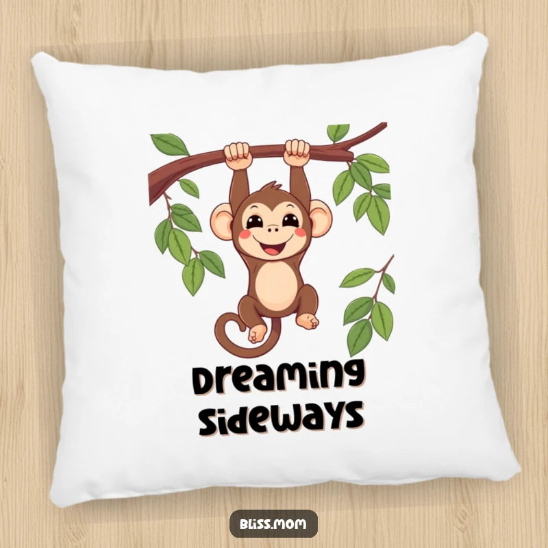 Funny smiling kawaii monkey hanging upside down from a branch, on a soft pillow, adding a touch of whimsical comfort.