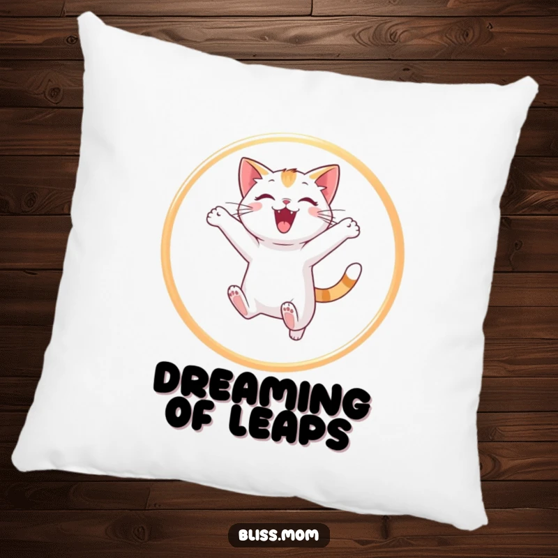 Funny cat pillow featuring a playful cat gracefully leaping through a glowing hoop of light, offering both comfort and a whimsical touch.