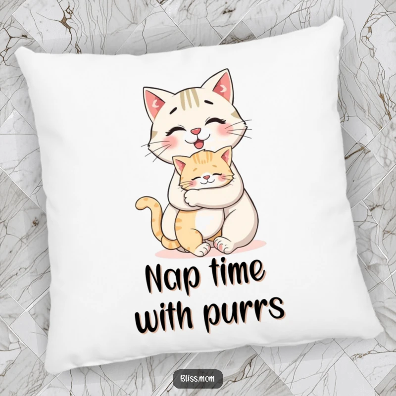 Funny pillow showing a smiling cat mom getting a huge hug from her kitten, perfect for cat lovers' comfort.