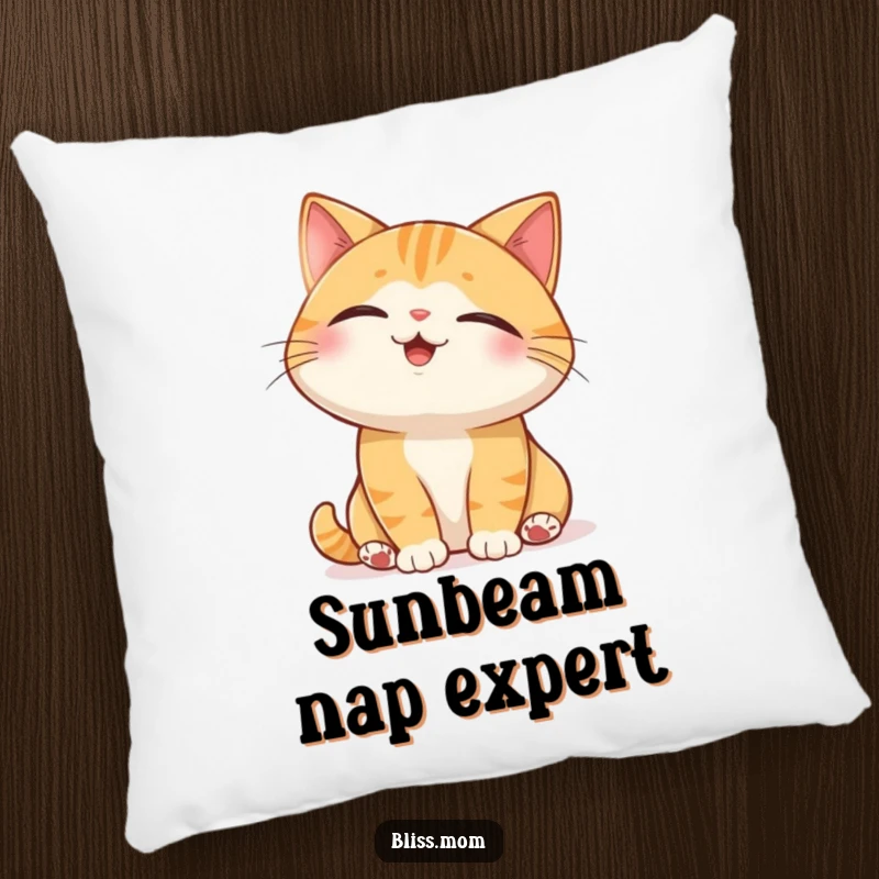 Funny Cat Pillow: a serene cat with eyes closed enjoying a sunbeam, offering plush comfort and peaceful vibes.