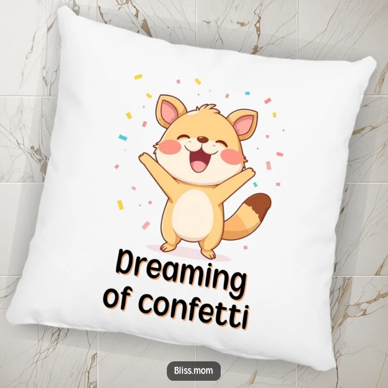 Funny Pillow: A happy animal tosses confetti with a huge grin, offering comfortable and hilarious celebration vibes.