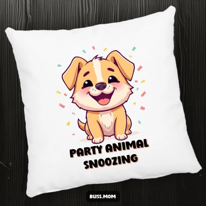 Funny pillow depicting a happy dog character with a beaming smile, surrounded by colorful confetti, soft and festive decor.