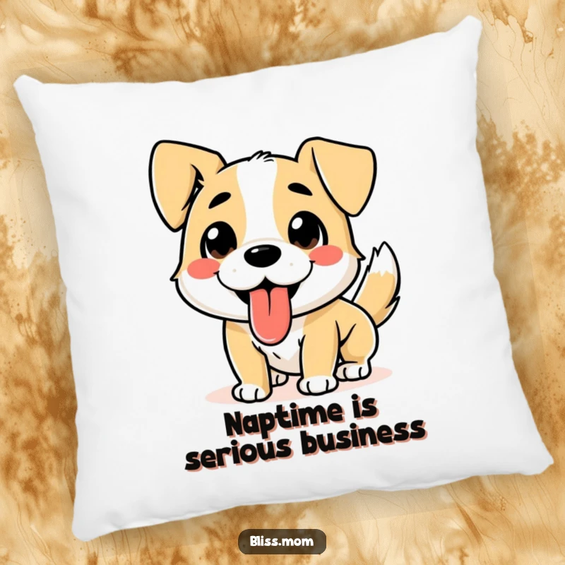 Funny Dog Pillow: A plush pillow featuring a happy dog with its tongue out and tail wagging, exuding warmth.