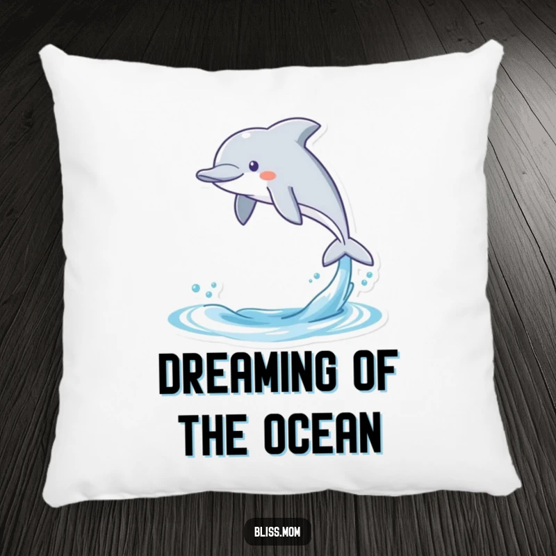 Funny pillow featuring a gleeful kawaii dolphin leaping out of the water, adding a playful and humorous touch to home decor.