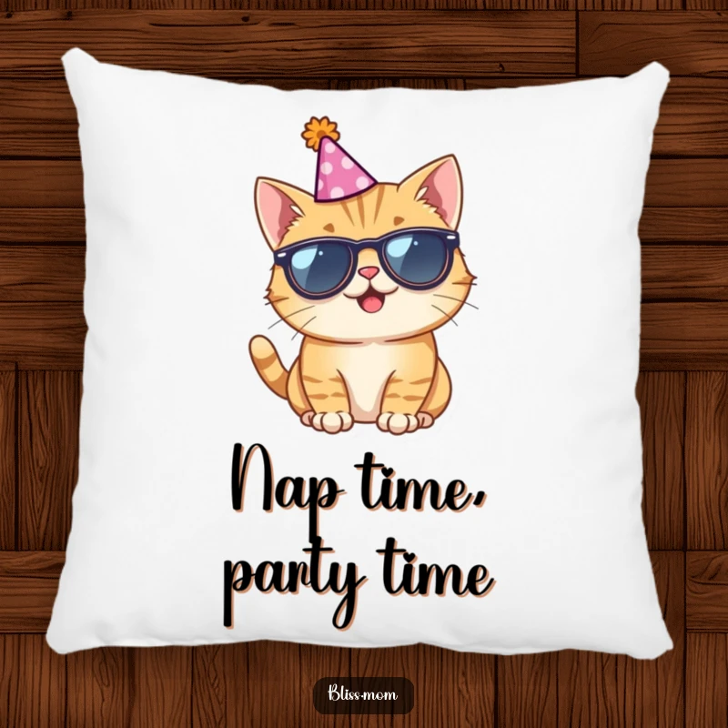 Funny decorative pillow featuring a giggling cat adorned with small sunglasses and a party hat, offering comfort and humor.
