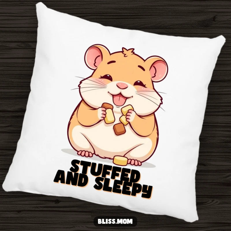 Funny pillow: a happy hamster mom happily stuffing her cheeks with treats, bringing comfort and a smile with its humor.
