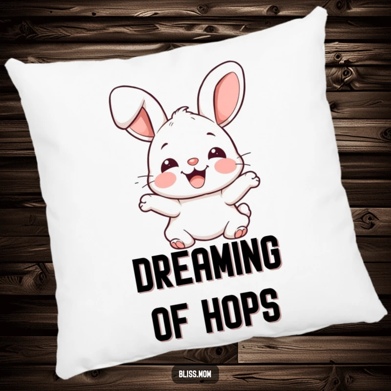 Funny joyful kawaii bunny with floppy ears bouncing excitedly, soft plush pillow, cute rabbit comfort, perfect funny gift.