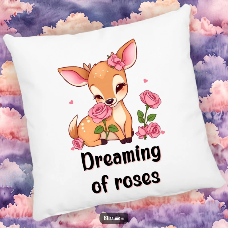 Funny Kawaii Deer Mom Pillow, resting peacefully while delightedly smelling a fragrant rose, offering comfort and cute charm.
