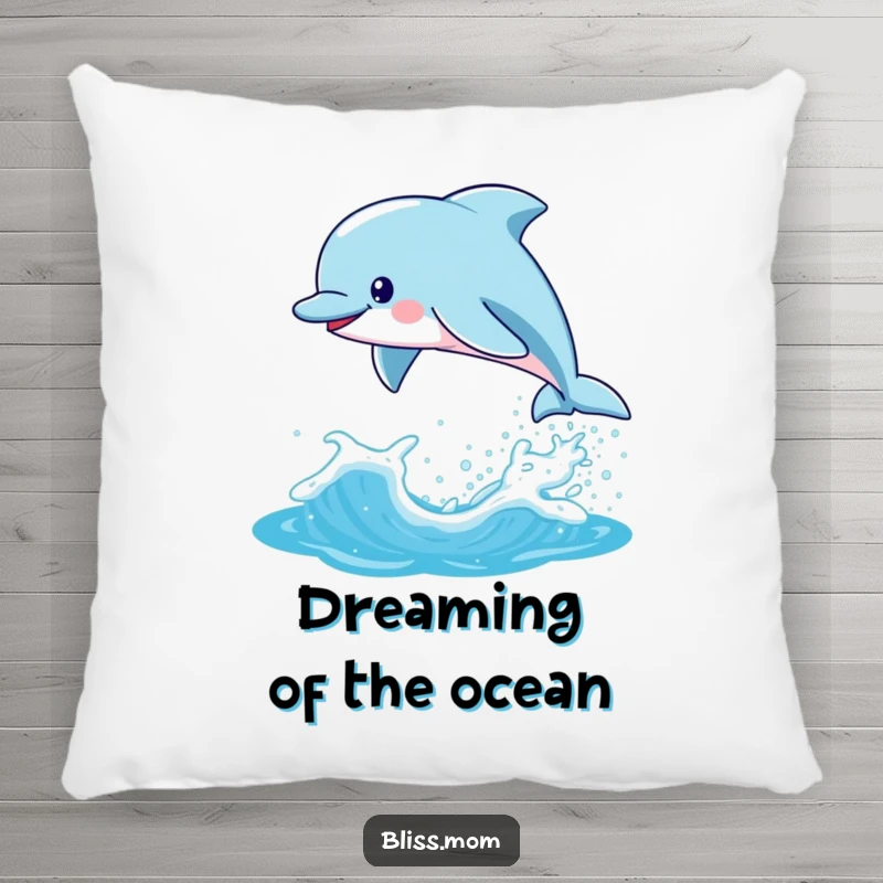 Funny Kawaii Dolphin Mom Pillow, playfully leaping from a sparkling wave, providing soft comfort and cute ocean vibes.