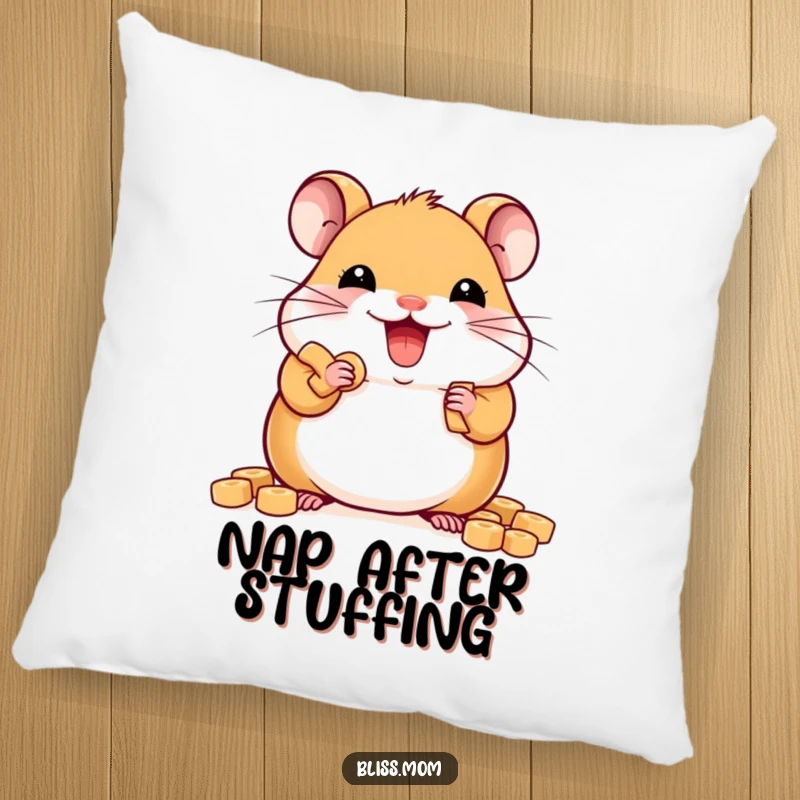 Funny delighted kawaii hamster stuffing cheeks with treats, soft plush pillow, cute rodent comfort, perfect funny gift.