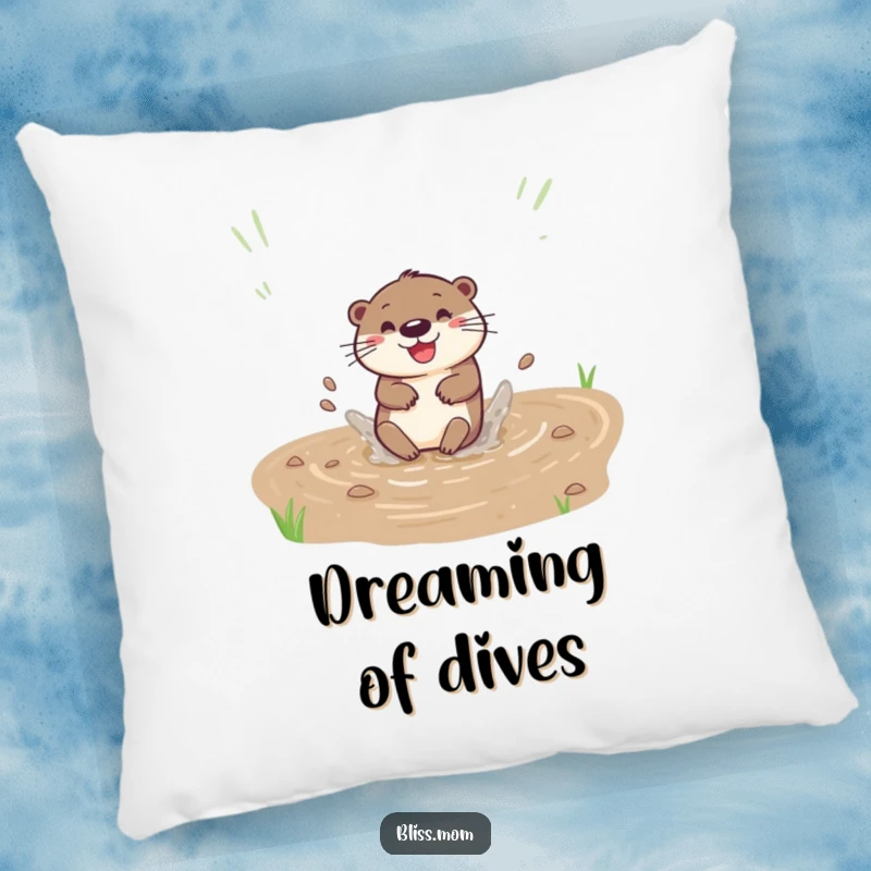 Funny pillow featuring a happy otter sliding down a muddy bank with a splash, adding playful comfort and decor.