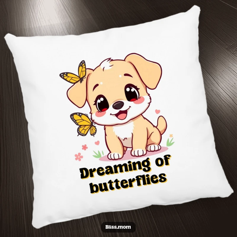 Funny pillow: a cute puppy mom with heart eyes, joyfully chasing a butterfly, bringing a smile and soft comfort.