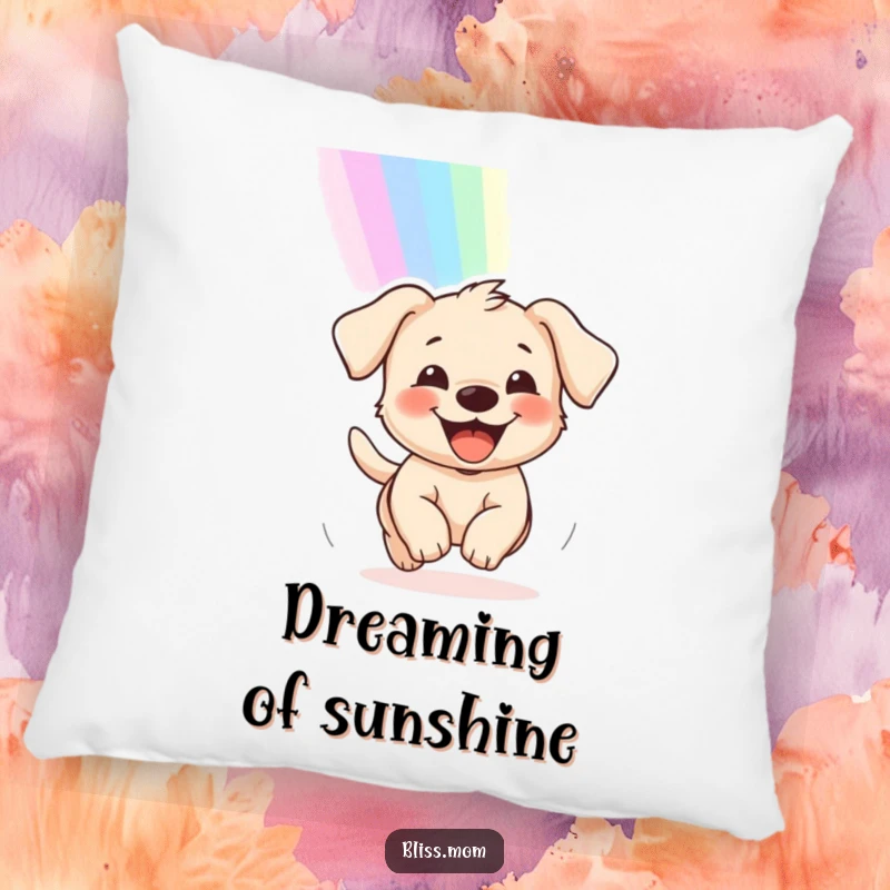 Funny pillow featuring a delighted puppy with a wide grin, chasing a rainbow, providing comfort and a dose of happiness.