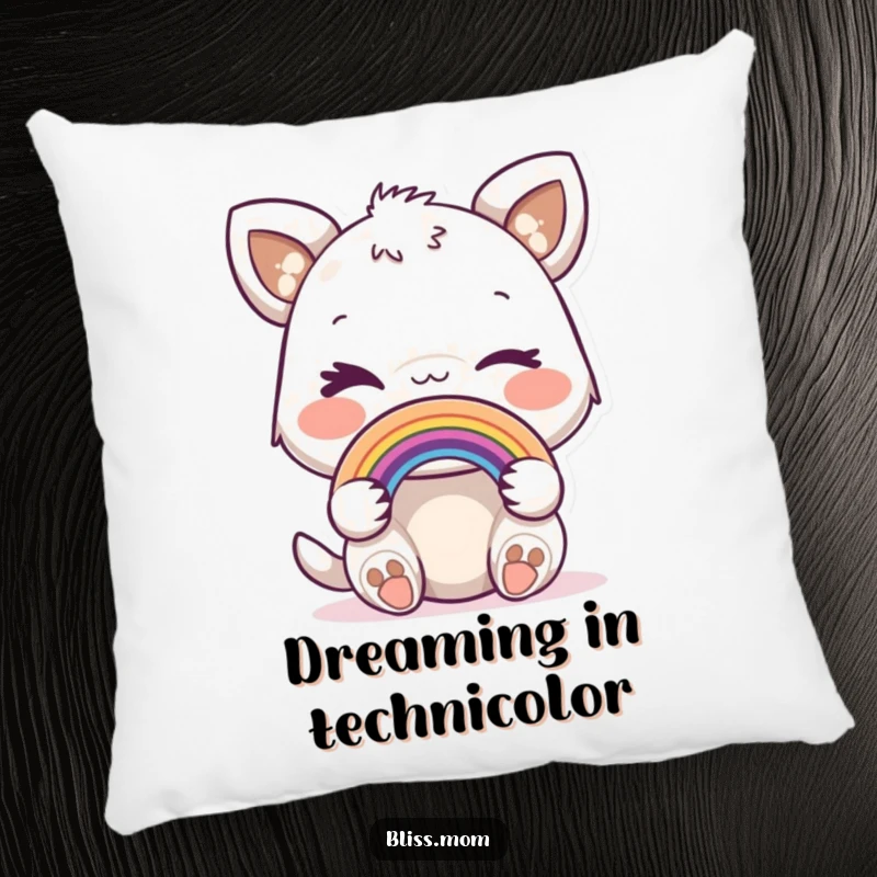 Funny pillow featuring a joyful animal with a mischievous wink, holding a delicate miniature rainbow.