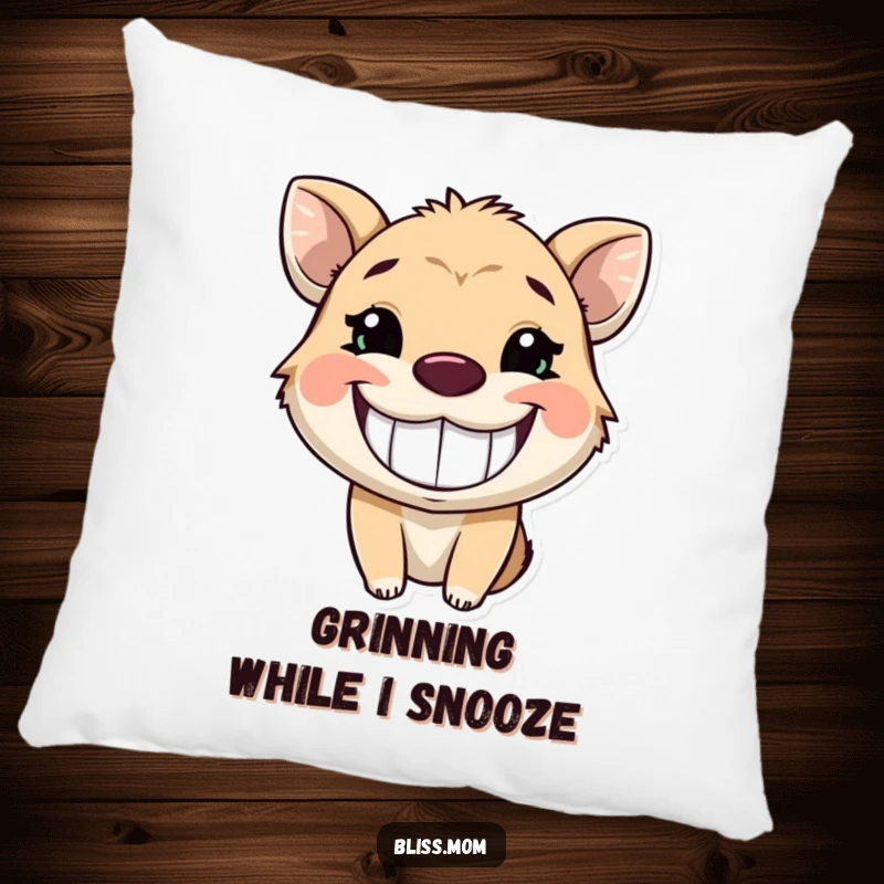 Funny pillow featuring an animal with a wide, infectious, glowing grin, offering comfort and a cheerful presence.
