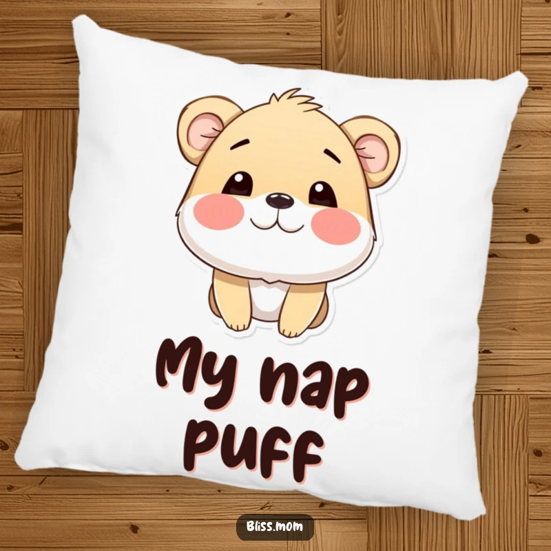 Funny pillow featuring a cute animal with puffed cheeks, radiating happiness and providing a soft, humorous accent for any room.