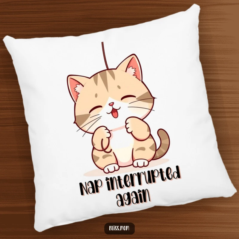 Funny pillow: a kawaii mama cat playfully batting at a dangling string, offering cozy comfort and feline amusement.