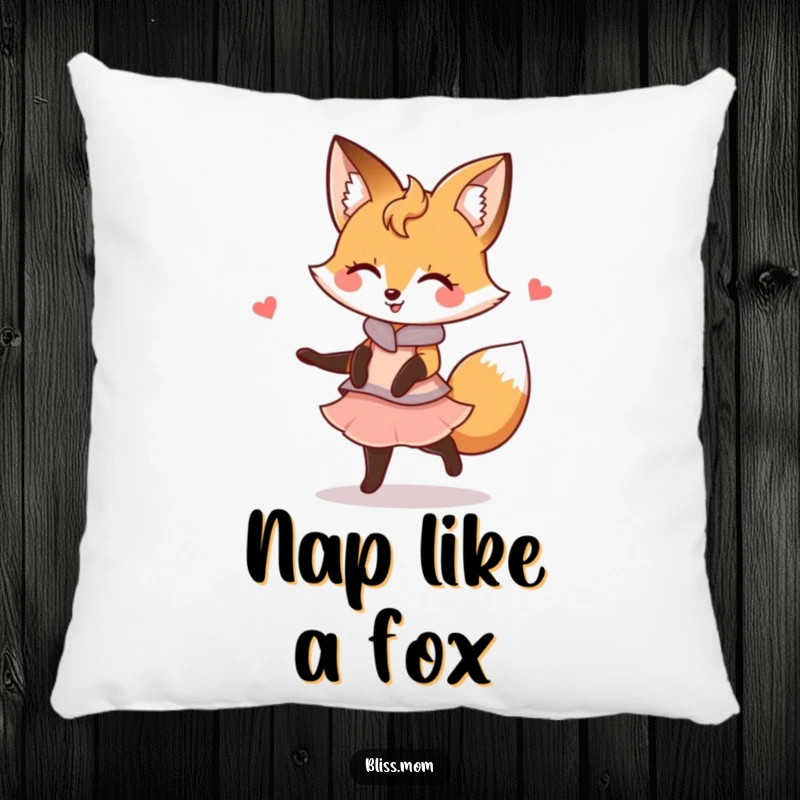 Funny Kawaii Fox Mom Pillow: A happy fox mom twirls gracefully. Soft, decorative, and humorously elegant.