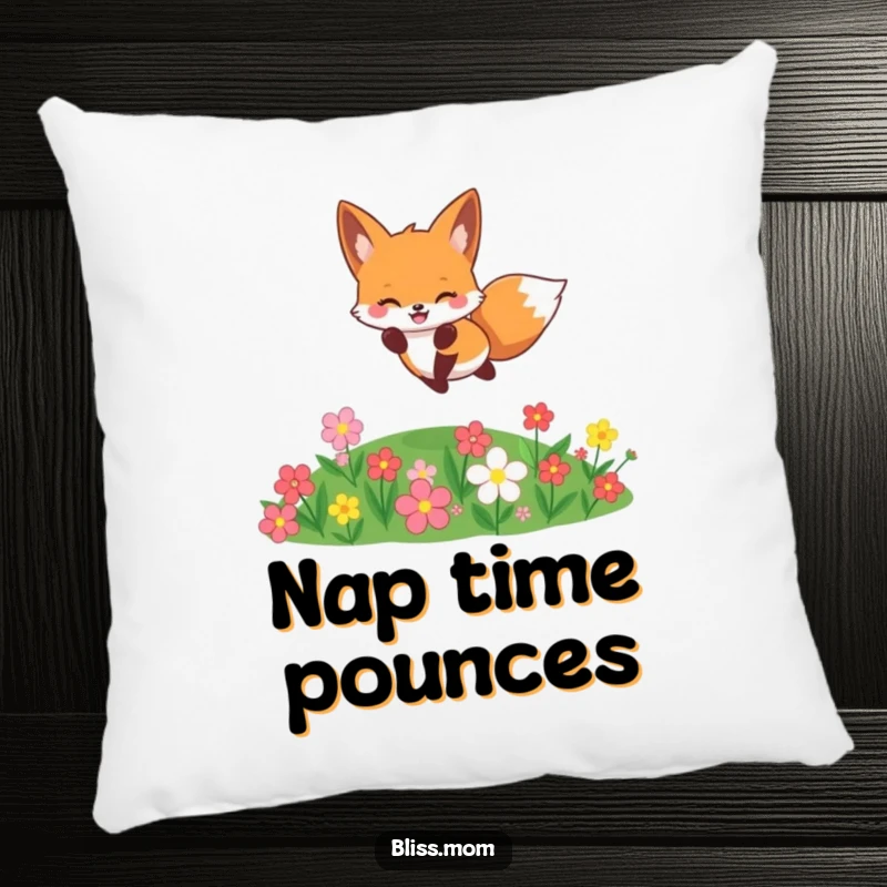 Funny cheerful kawaii fox jumping over flowers, soft plush pillow, cute woodland accent, perfect funny gift.