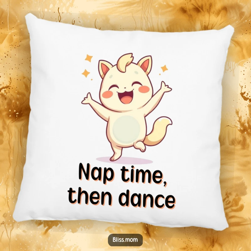 Funny pillow with a cute creature joyfully dancing, offering comfort and a playful decorative element for any couch.