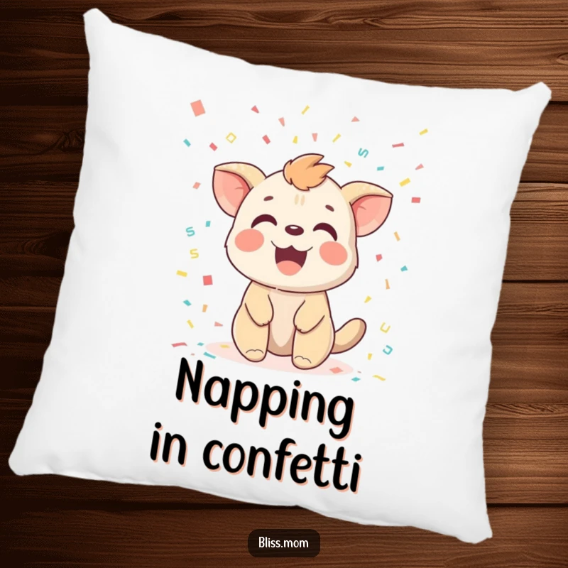 Funny pillow featuring a joyful animal with a delighted expression, covered in a festive showering of colorful confetti.