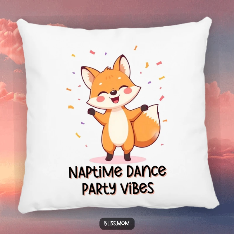 Funny pillow featuring a cheerful fox in a dynamic dance pose, surrounded by a whimsical explosion of confetti, adding joy to any space.