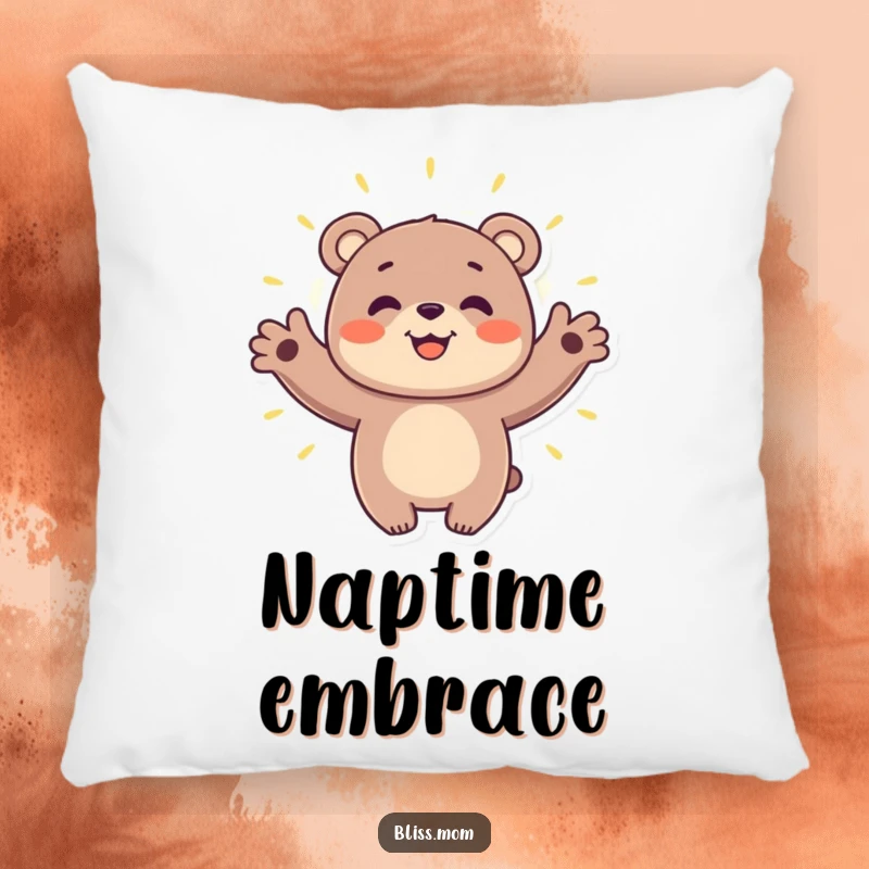 Funny bear pillow featuring a happy bear gently embracing a luminous aura, providing comfort and a symbol of positive energy.