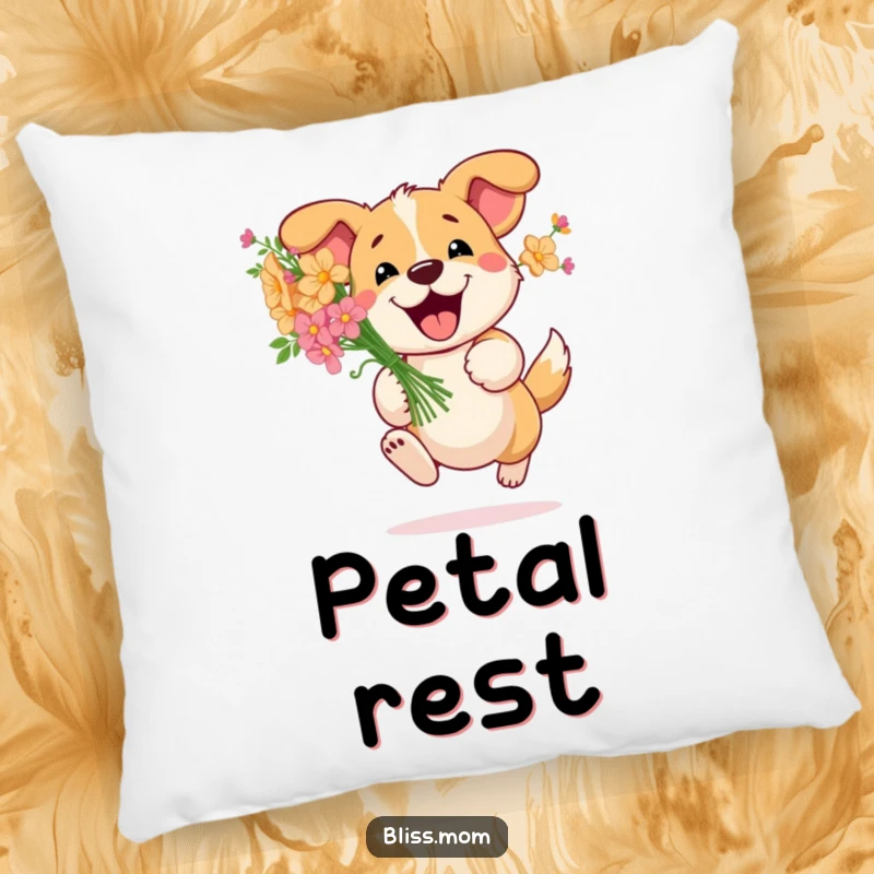 Funny Dog Flower Pillow: Happy dog bounds with a bouquet of flowers, offering comfort and cheer. A soft and funny decorative item.
