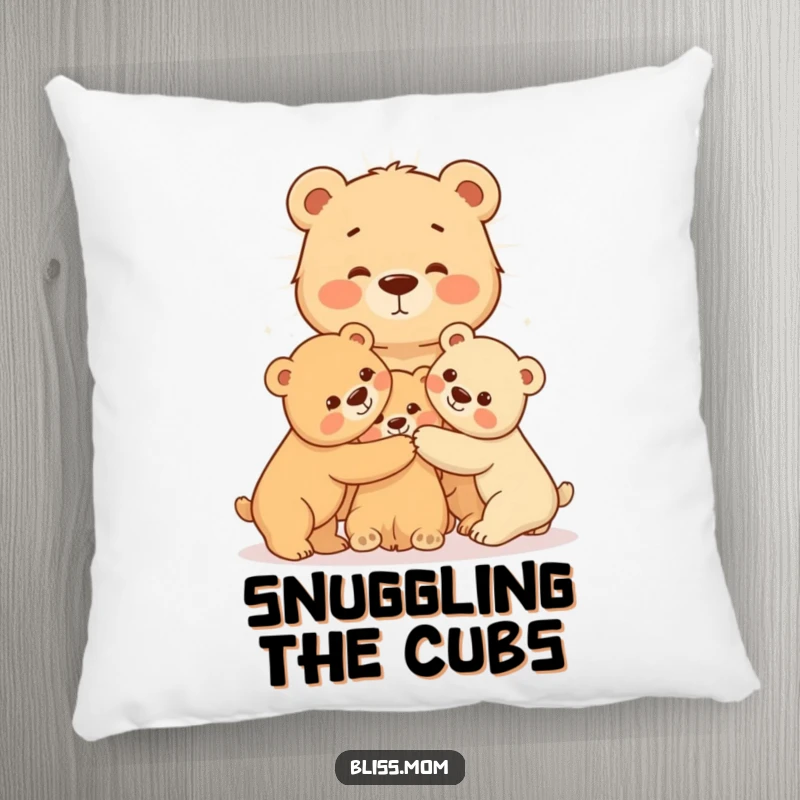 A soft pillow featuring a radiating mama bear hugging her cubs, bringing warm comfort and a sense of protective love indoors.