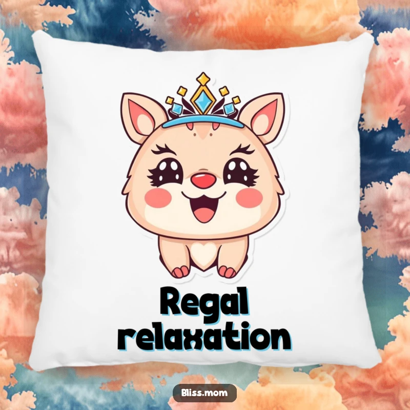 Funny pillow with a joyful animal wearing a sparkling crown and a radiant smile, perfect for cozying up with regal comfort.