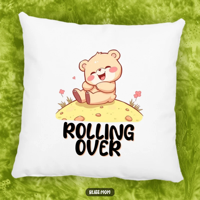 Funny kawaii bear cub giggling while rolling down a hill, on a soft pillow, adding a touch of whimsical comfort.