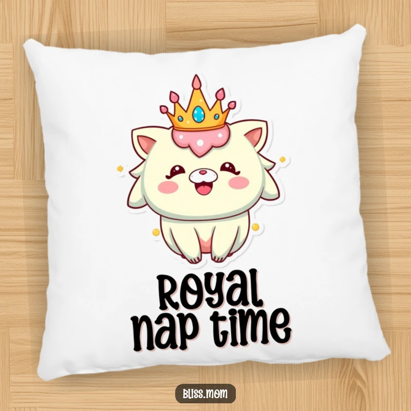 Funny Pillow: A content creature sports a sparkly crown, radiating happiness and offering cozy comfort for a cheerful home.