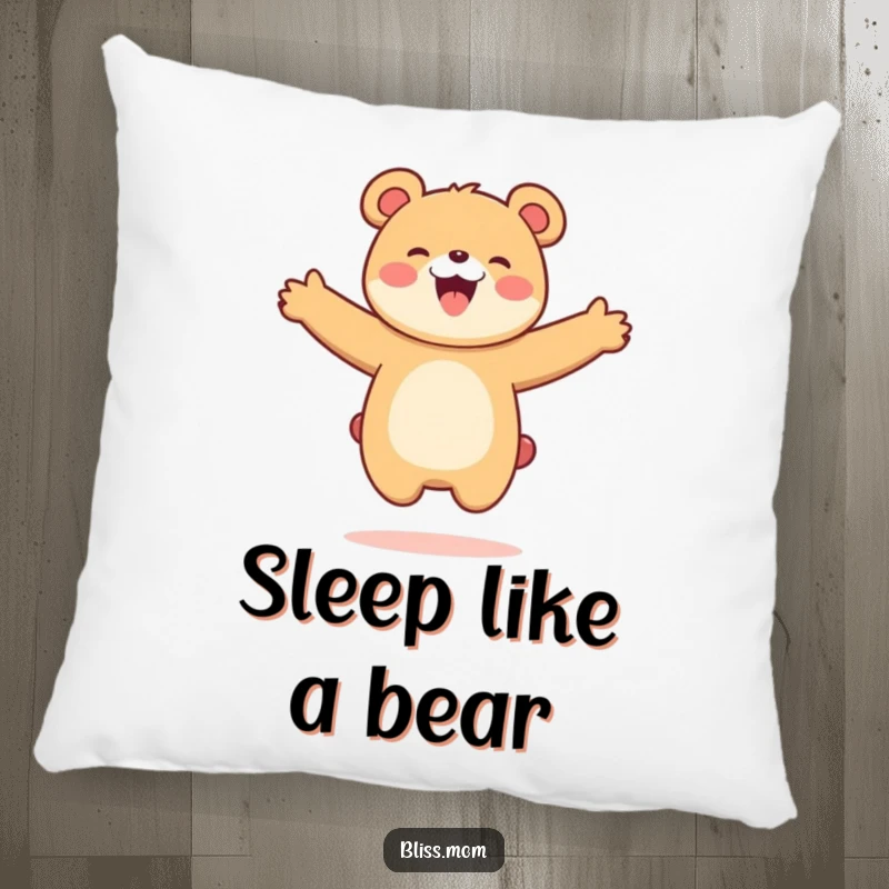 Funny Kawaii Bear Mom Pillow: A happy bear mom jumps with arms open. Soft, decorative, and humorously full of bear-like joy.
