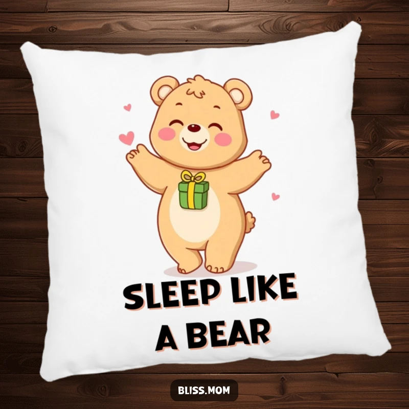 Funny pillow showing a happy bear mom playfully dancing with a small gift, representing joy and playfulness.