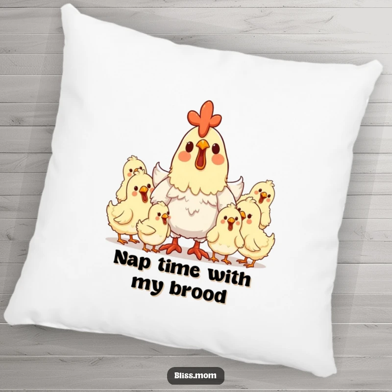 Funny hen mom pillow with a delighted mother hen surrounded by clucking, happy chicks, perfect for cozy decor.
