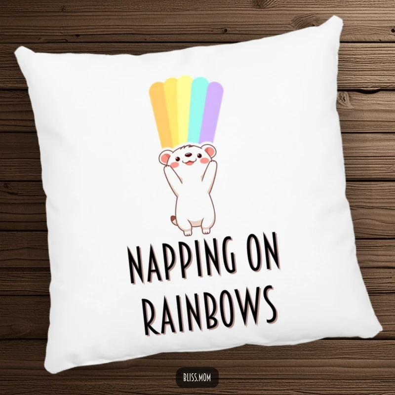 Funny animal pillow reaching towards a vibrant rainbow, offering soft comfort and a symbol of hope and dreams.