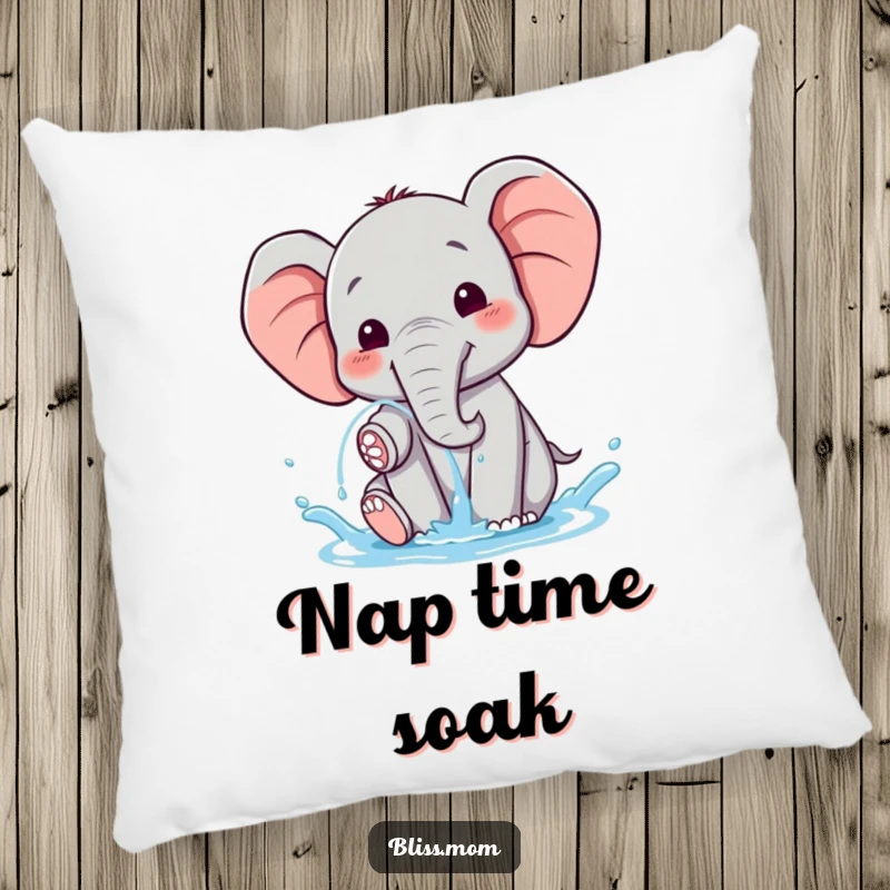 Funny happy kawaii elephant spraying water with delight, on a soft pillow, adding a touch of whimsical comfort.