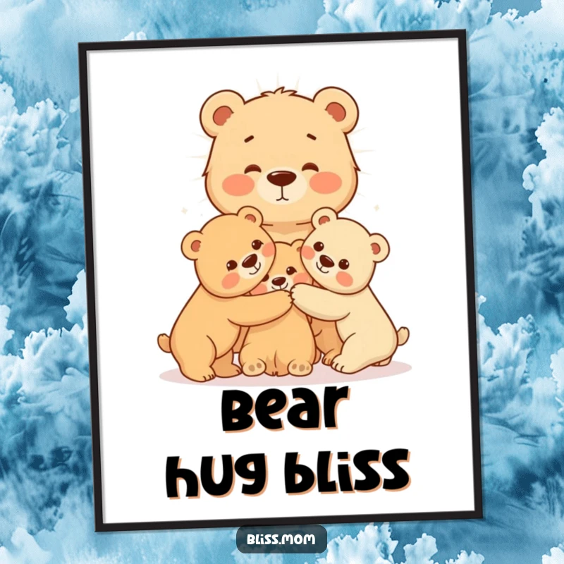 Radiating mama bear tenderly hugging her cubs, available as a digital art print, symbolizing protective maternal love and warmth.