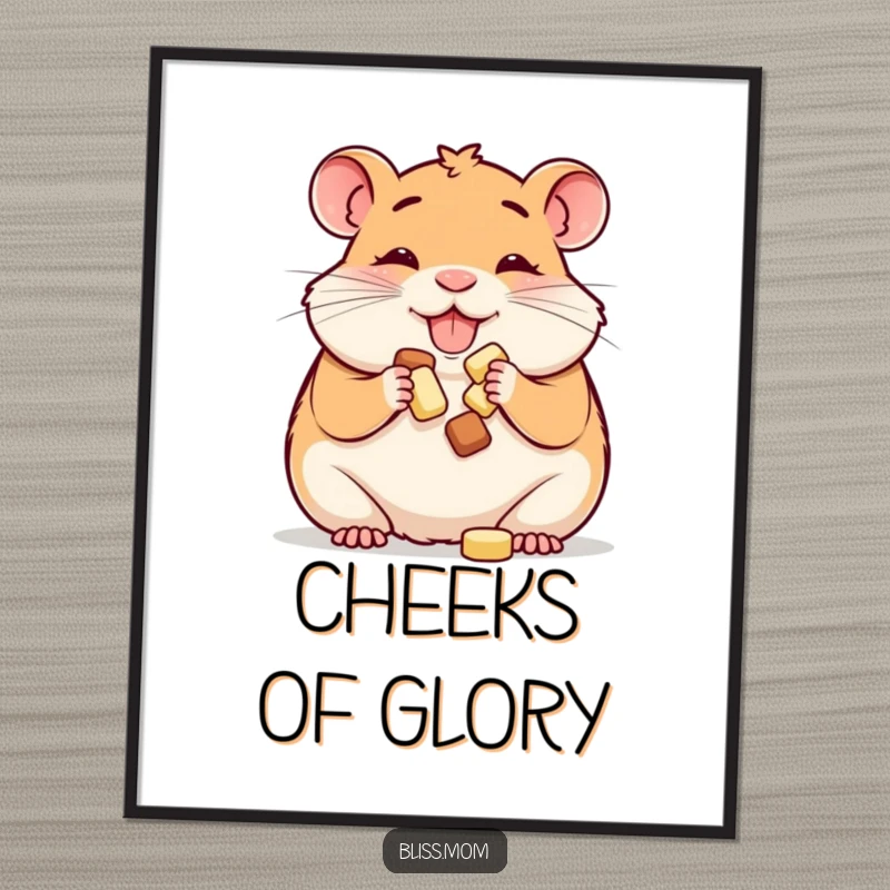 Funny digital art print: a happy hamster mom happily stuffing her cheeks with treats, perfect for immediate, humorous small pet decor.