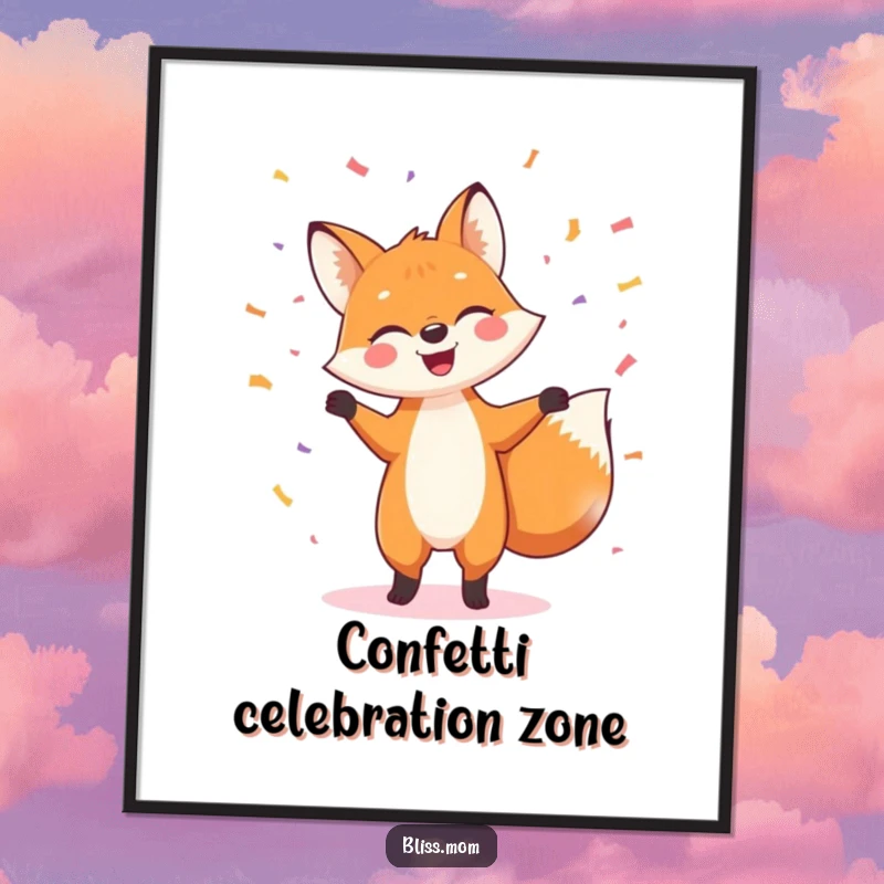 Funny digital art print of a cheerful fox joyfully dancing, surrounded by a vibrant explosion of confetti, ready for instant display.